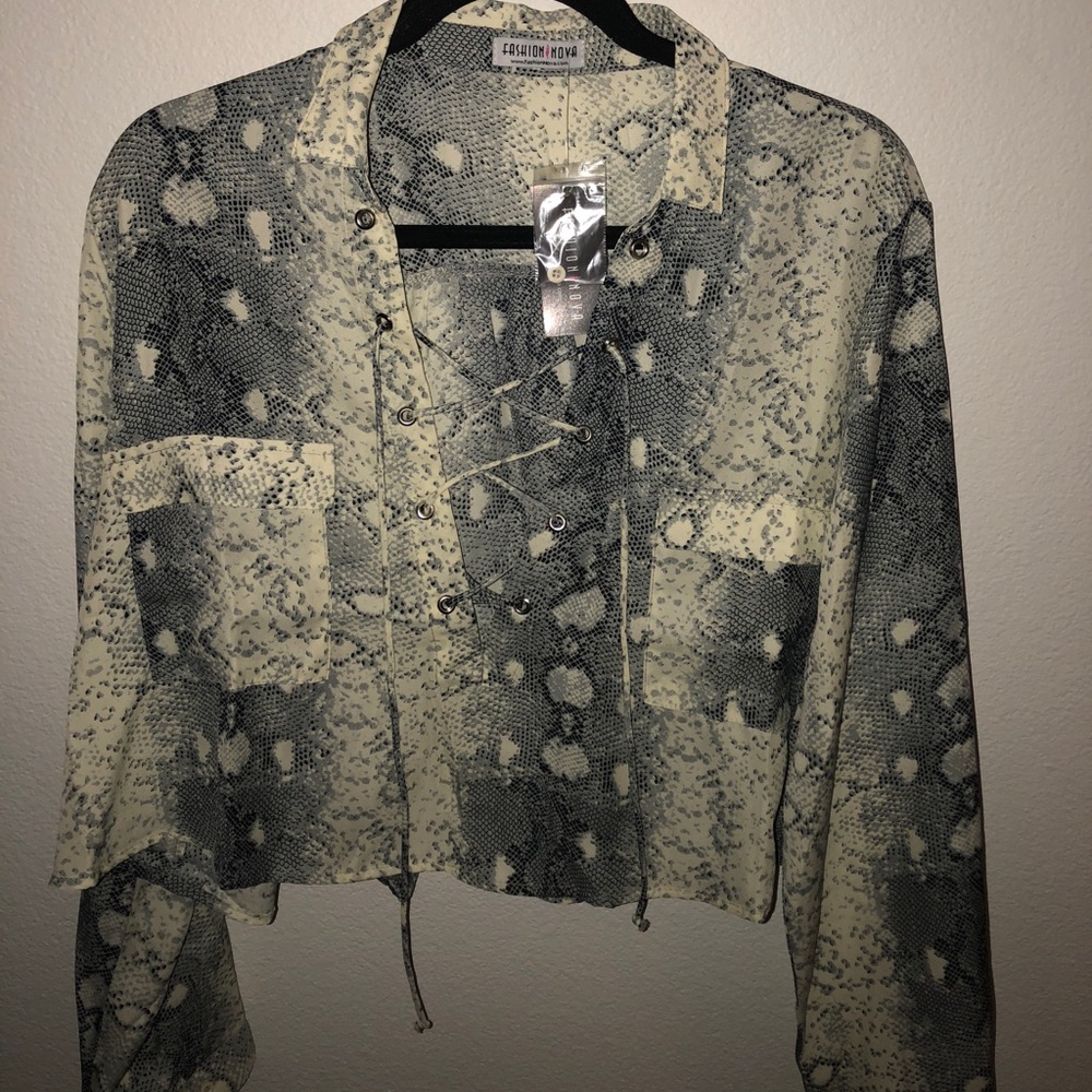 snakeskin print lace up top